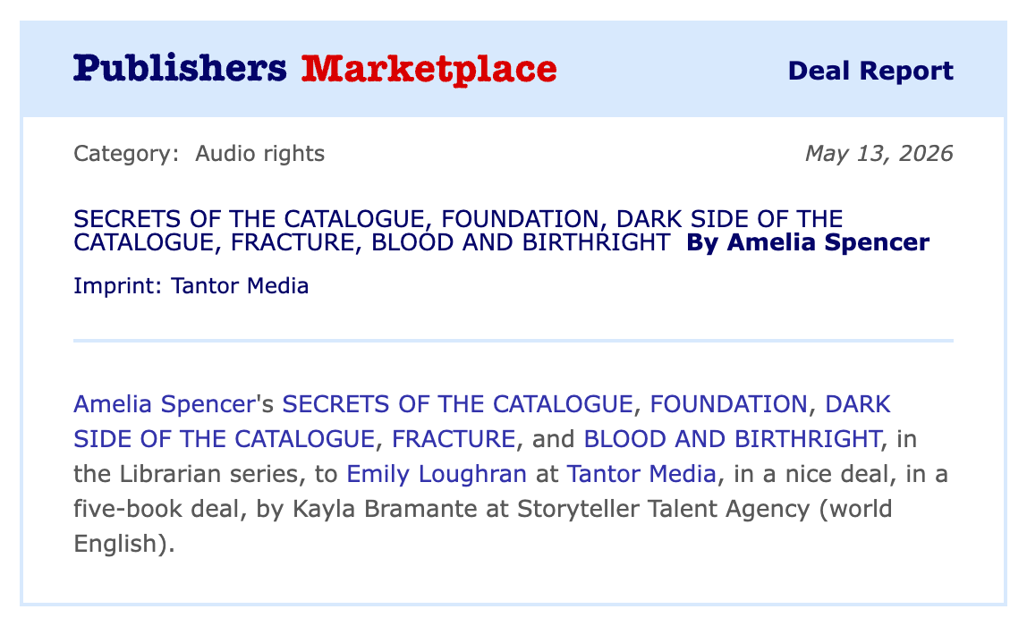 Publishers Marketplace deal report for Amelia Spencer's The Librarians series to Tantor Media